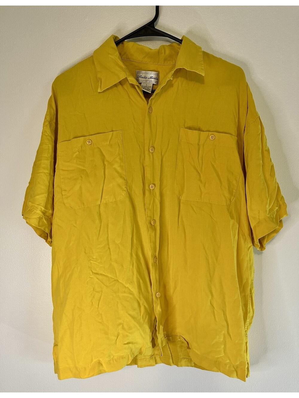 Vintage Poeta Moda silk camp collar Gold yellow Large short sleeve button shirt